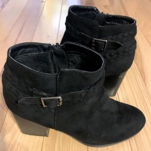 Black Suede Booties with Block Heel and Braided Band Detail